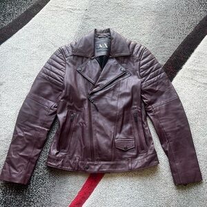 Armani Exchange Men’s Burgundy Slim Fit Biker Cow Leather Jacket